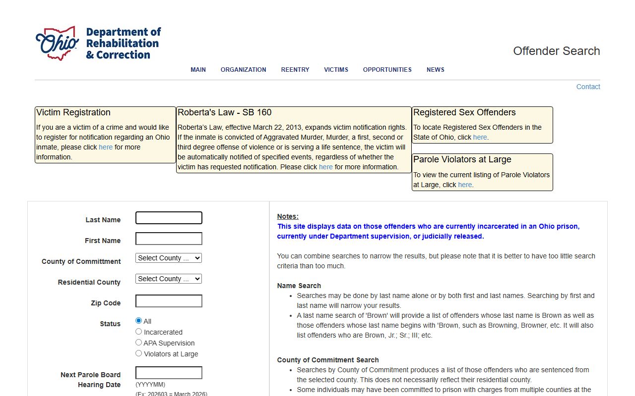 Ohio people search ODRC offender search tool